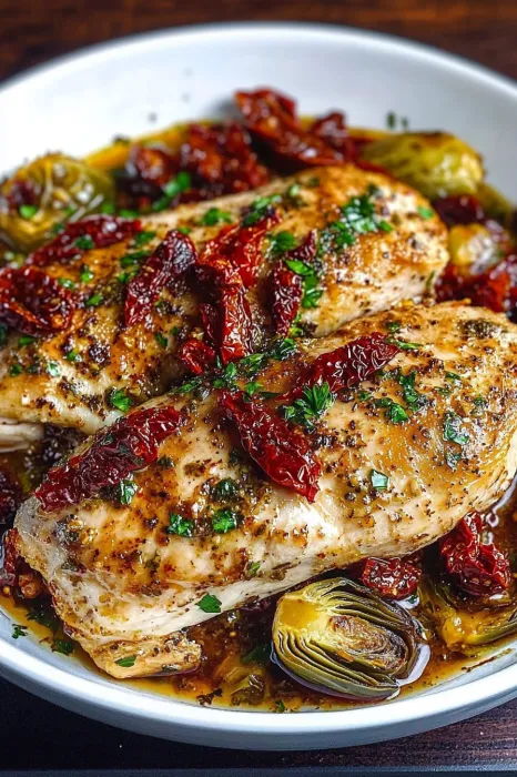 Chicken with red peppers and herbs.