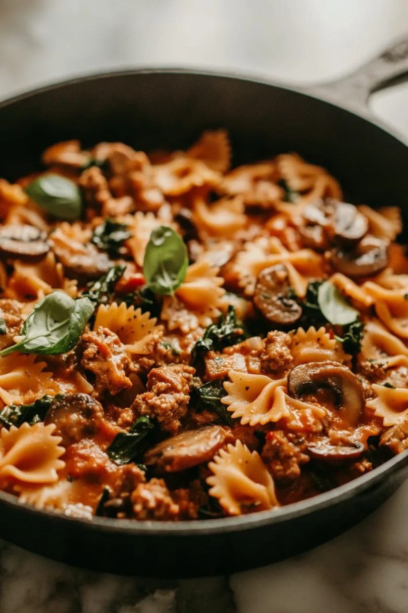 A bowl of pasta with mushrooms and meat.