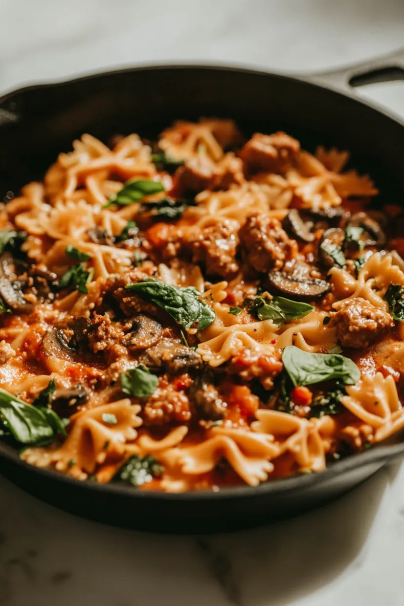 A bowl of pasta with meat and mushrooms.