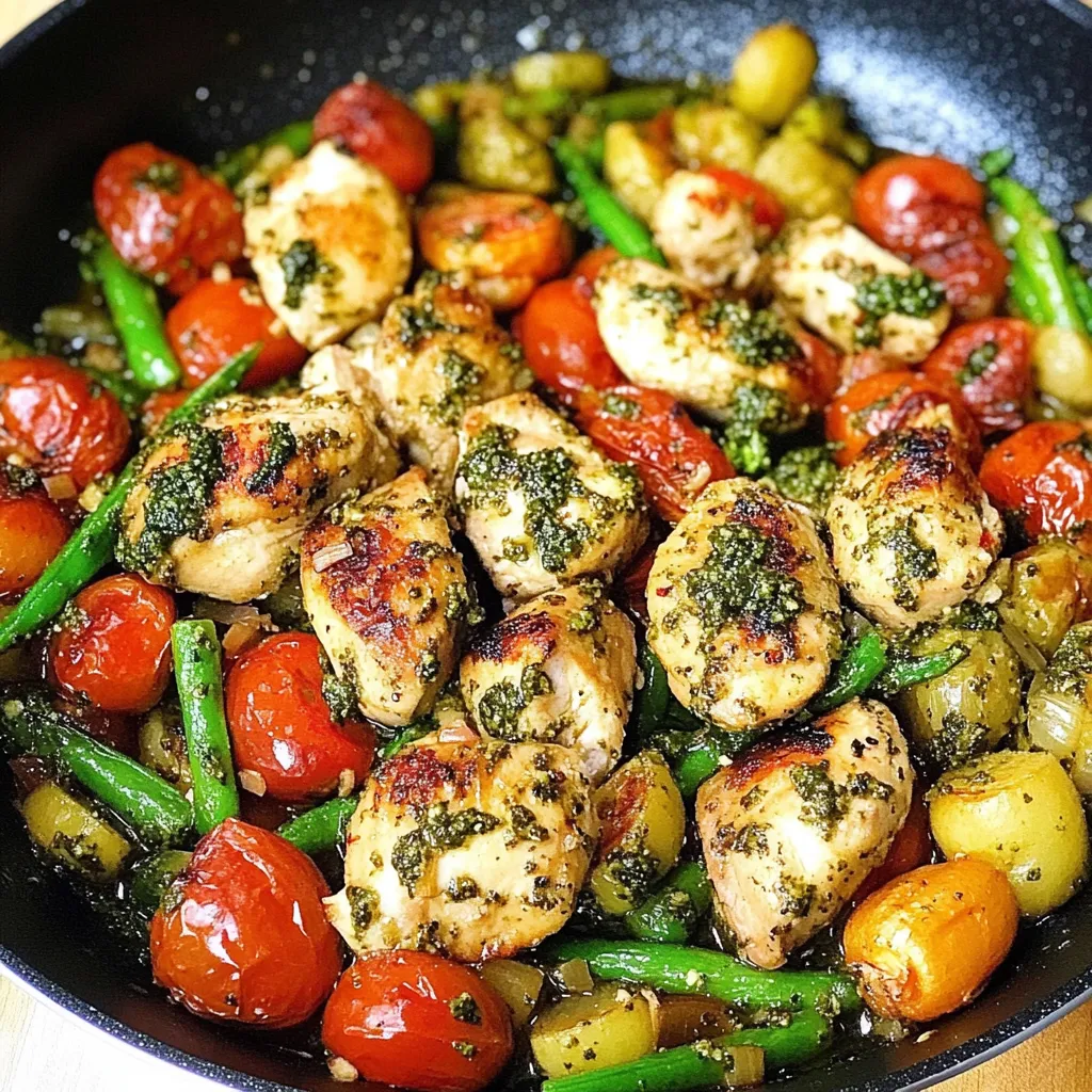 A black bowl of food with chicken, green beans, and tomatoes.