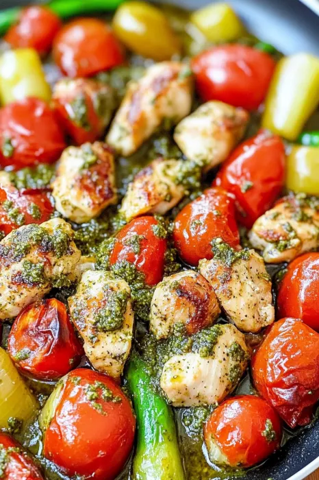 A plate of chicken with tomatoes and herbs.