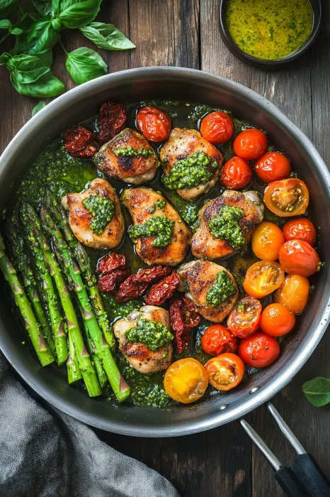 A pan of food with tomatoes, asparagus, and chicken.