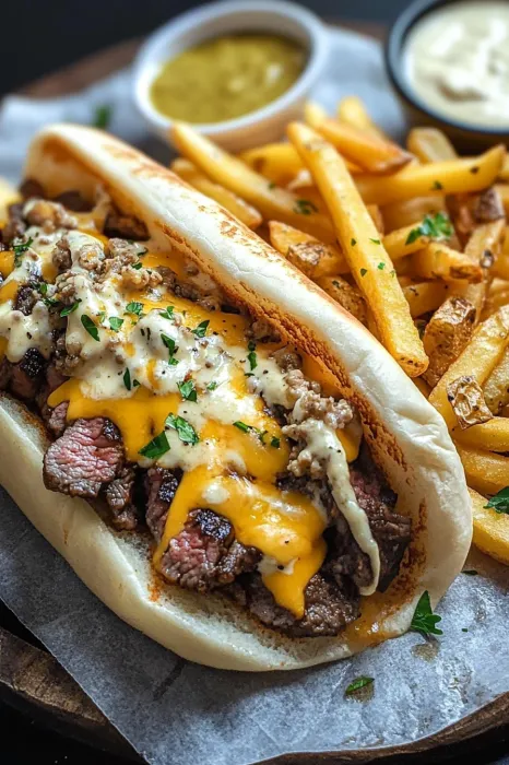 A sandwich with meat and cheese on top of a bun.