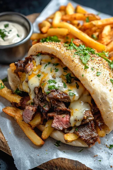 A sandwich with meat and cheese on top of a bun.