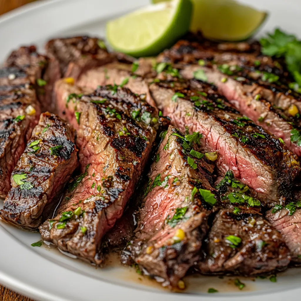 A plate of steak with limes and parsley.