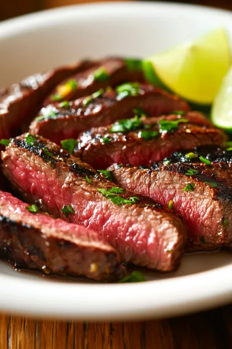 A plate of steak with limes and herbs.
