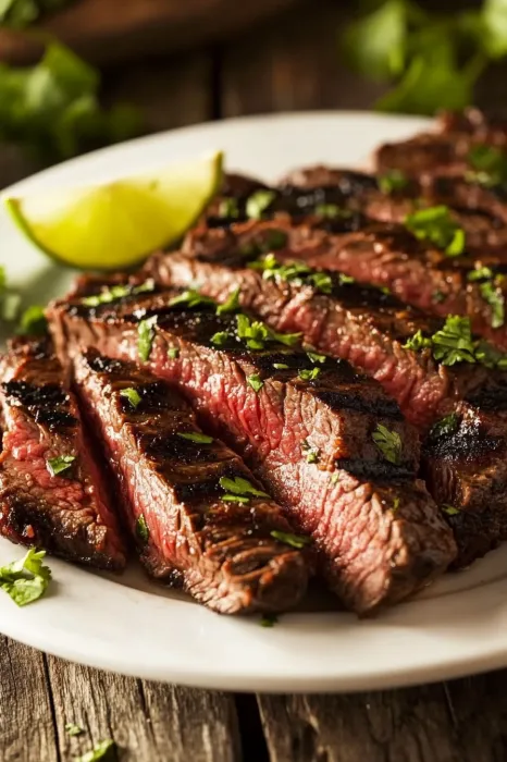 A plate of steak with a lime wedge on the side.