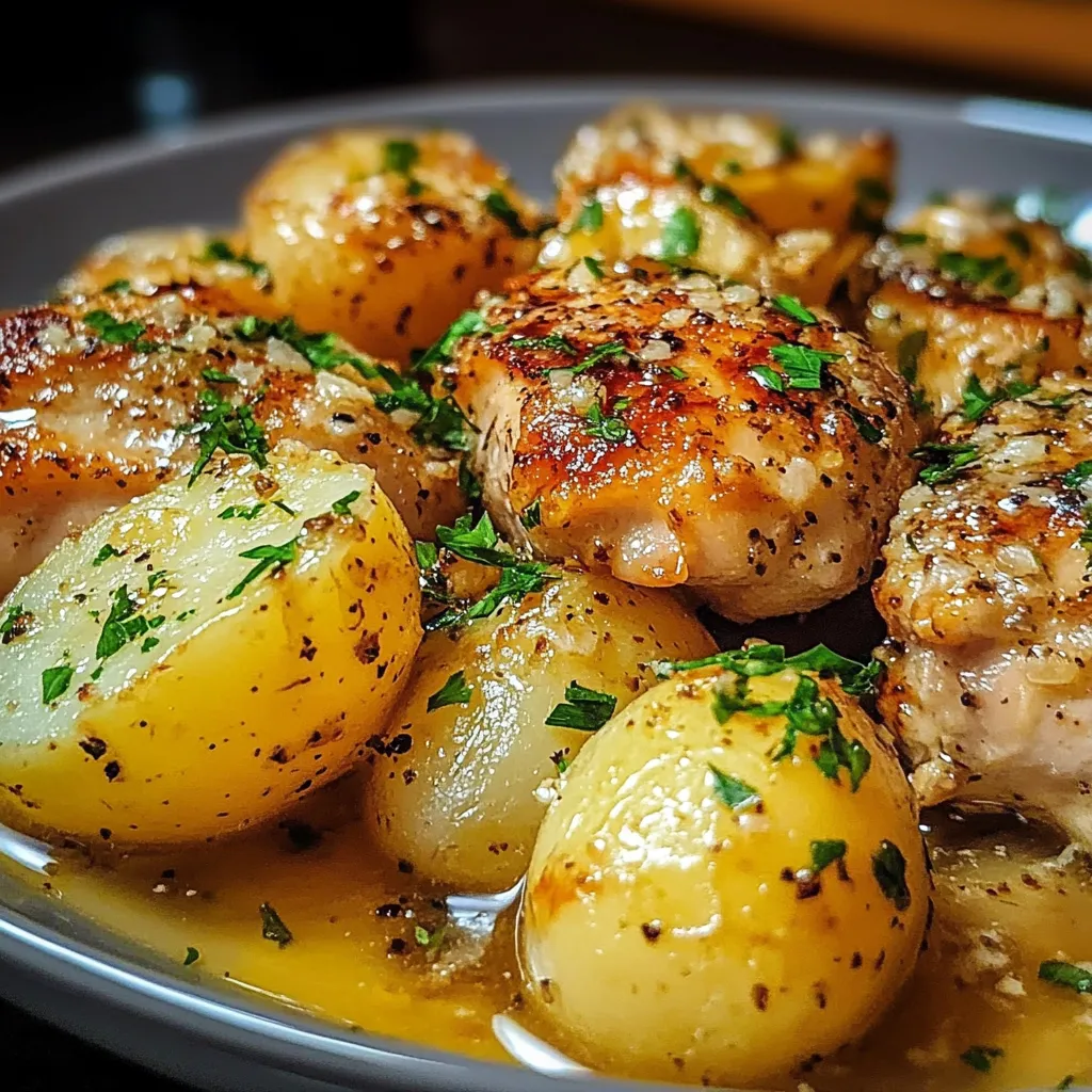 A plate of food with chicken, potatoes, and herbs.