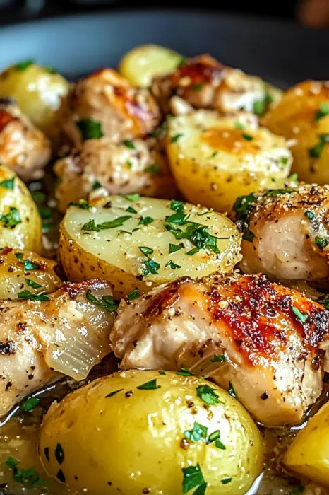 A plate of food with potatoes and meat.