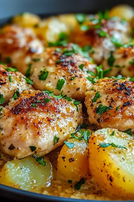Chicken with herbs and potatoes.