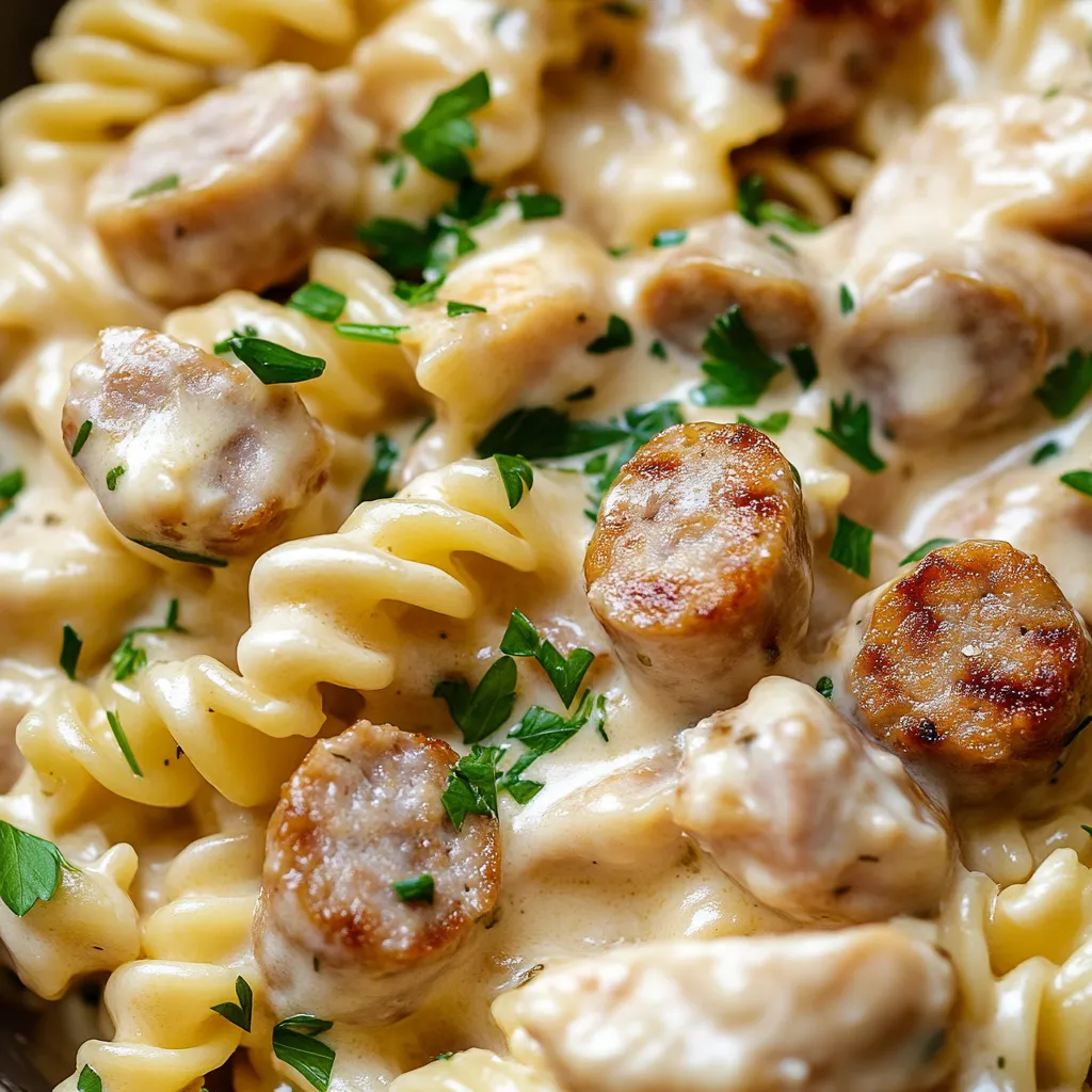 A bowl of pasta with sausage and green herbs.