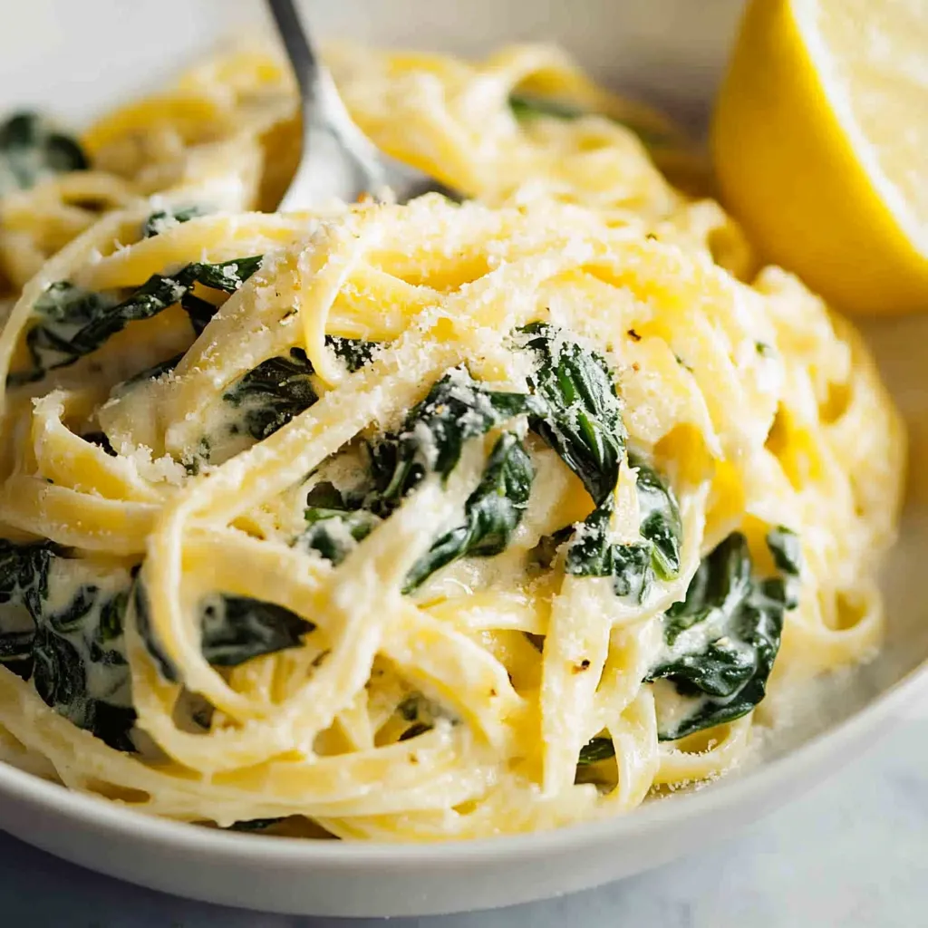 A bowl of pasta with spinach and cheese.