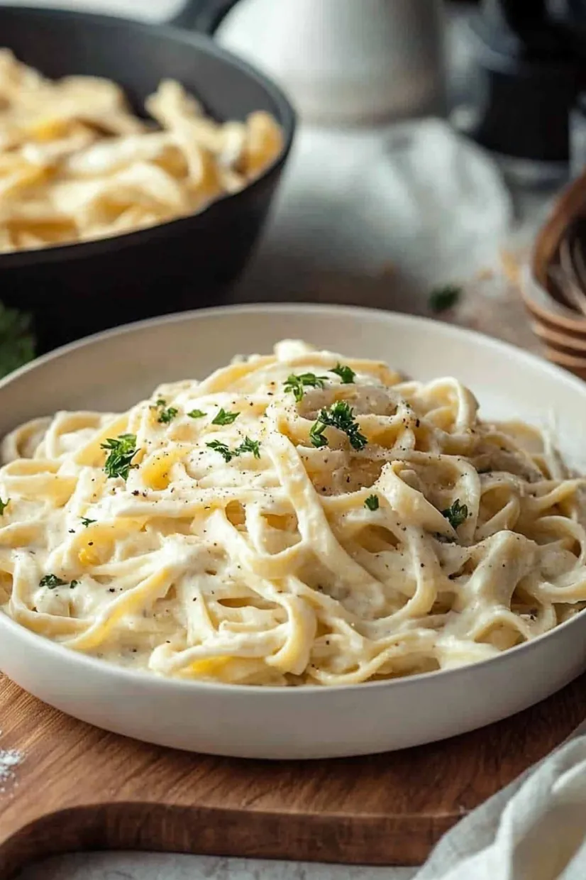 A bowl of pasta with cheese and herbs.