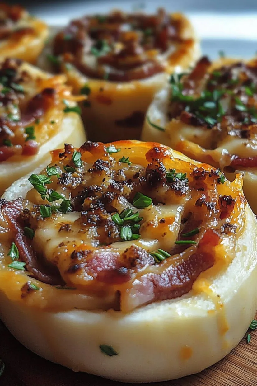 Bacon wrapped appetizers with cheese and herbs.