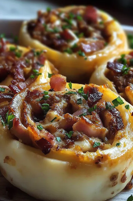 Bacon wrapped appetizers on a plate.
