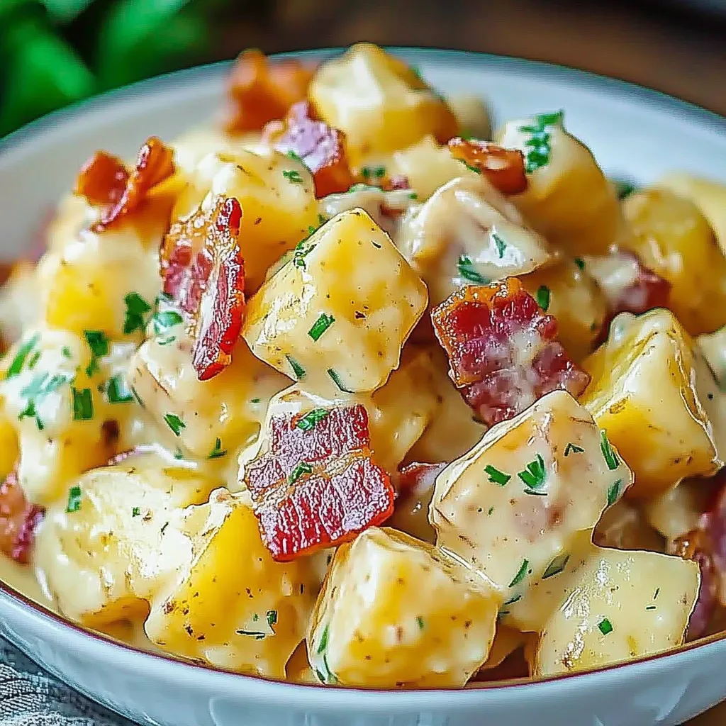 A bowl of food with bacon and potatoes.