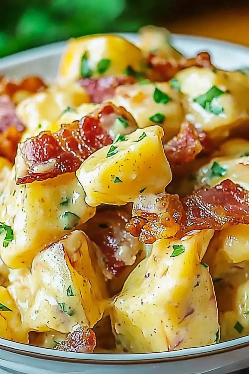 Bacon and cheese on top of a potato.