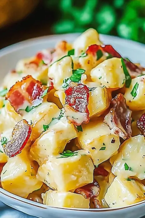 A bowl of food with bacon and cheese.