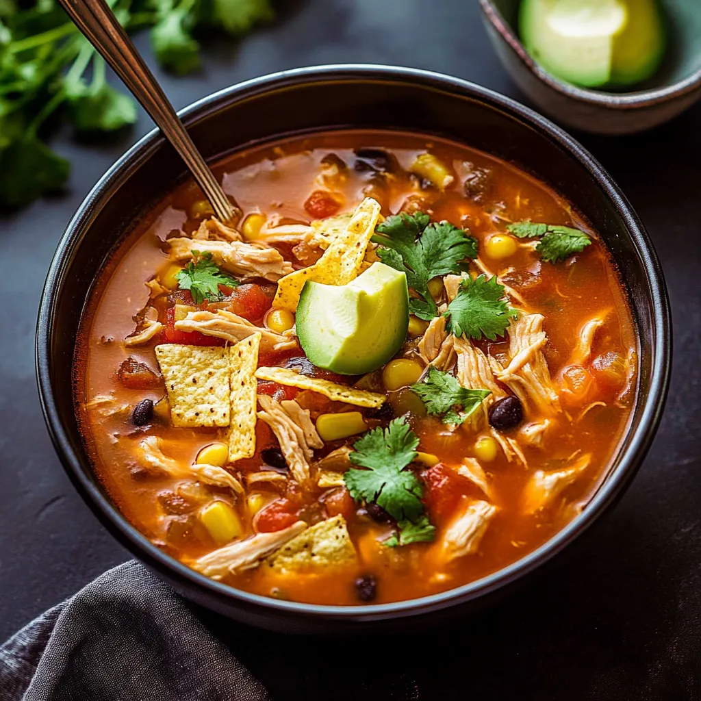 A bowl of soup with chicken, corn, and avocado.