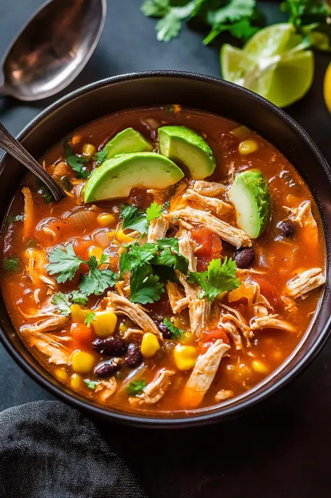 A bowl of soup with avocado and tomatoes.