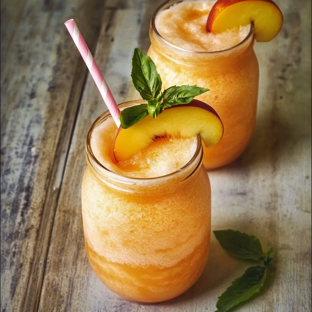 Two glasses of peach juice with mint leaves.