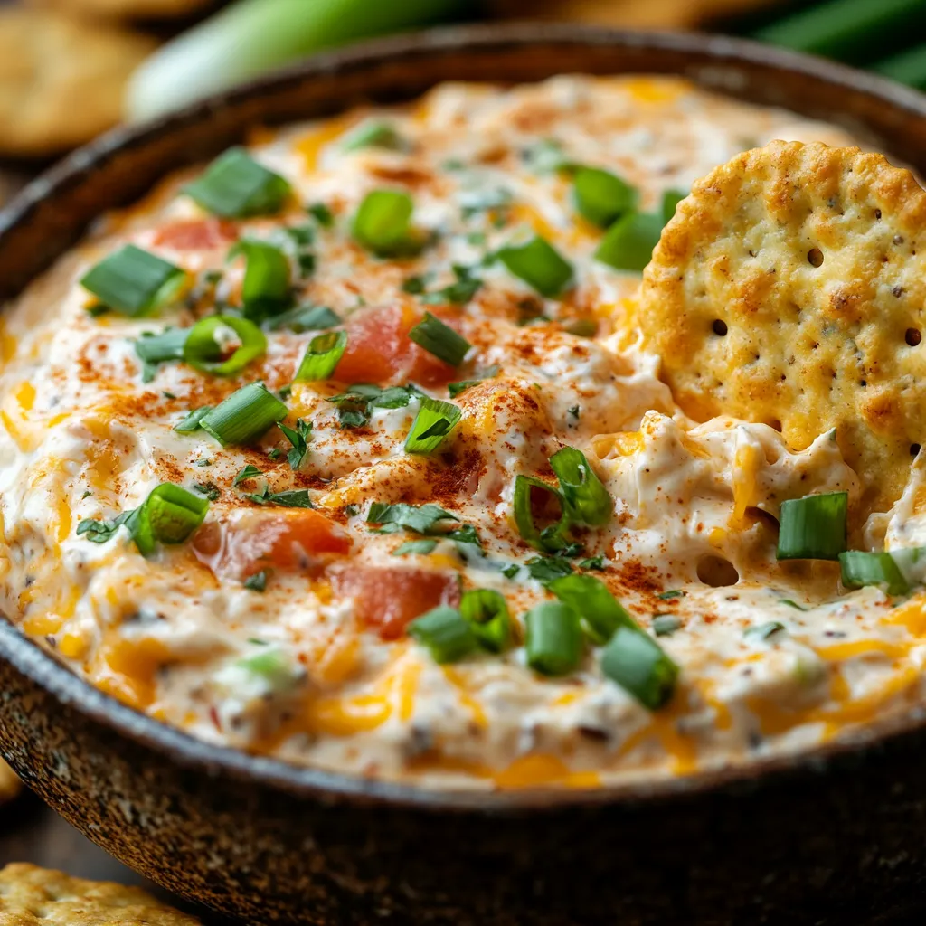 A bowl of soup with a cracker on top.