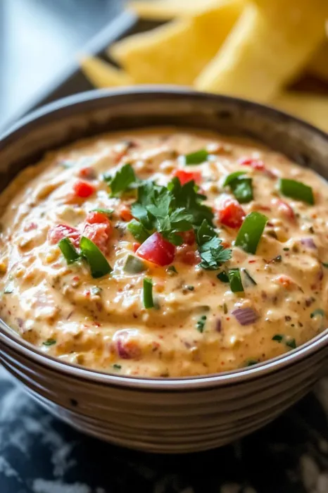 A bowl of dip with tomatoes and cilantro.