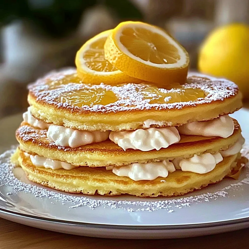 A stack of pancakes with lemon slices on top.