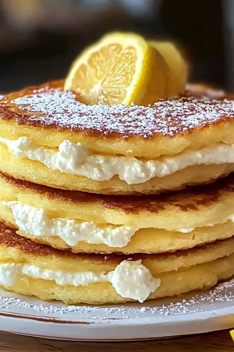 A stack of pancakes with lemon wedges on top.