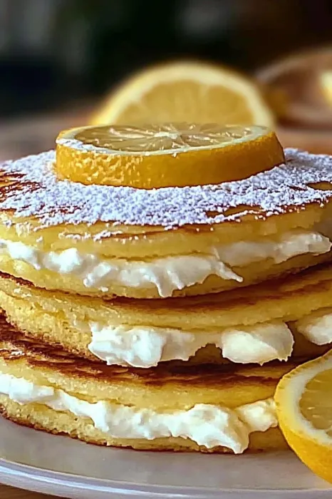 A stack of pancakes with lemon wedges on top.