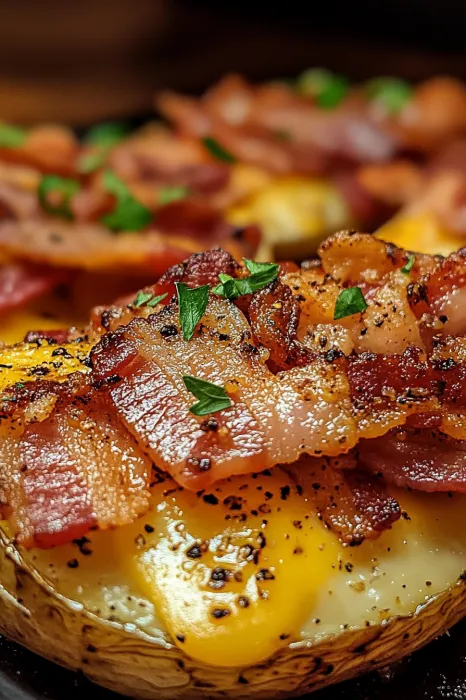 Bacon and cheese on top of a burger.