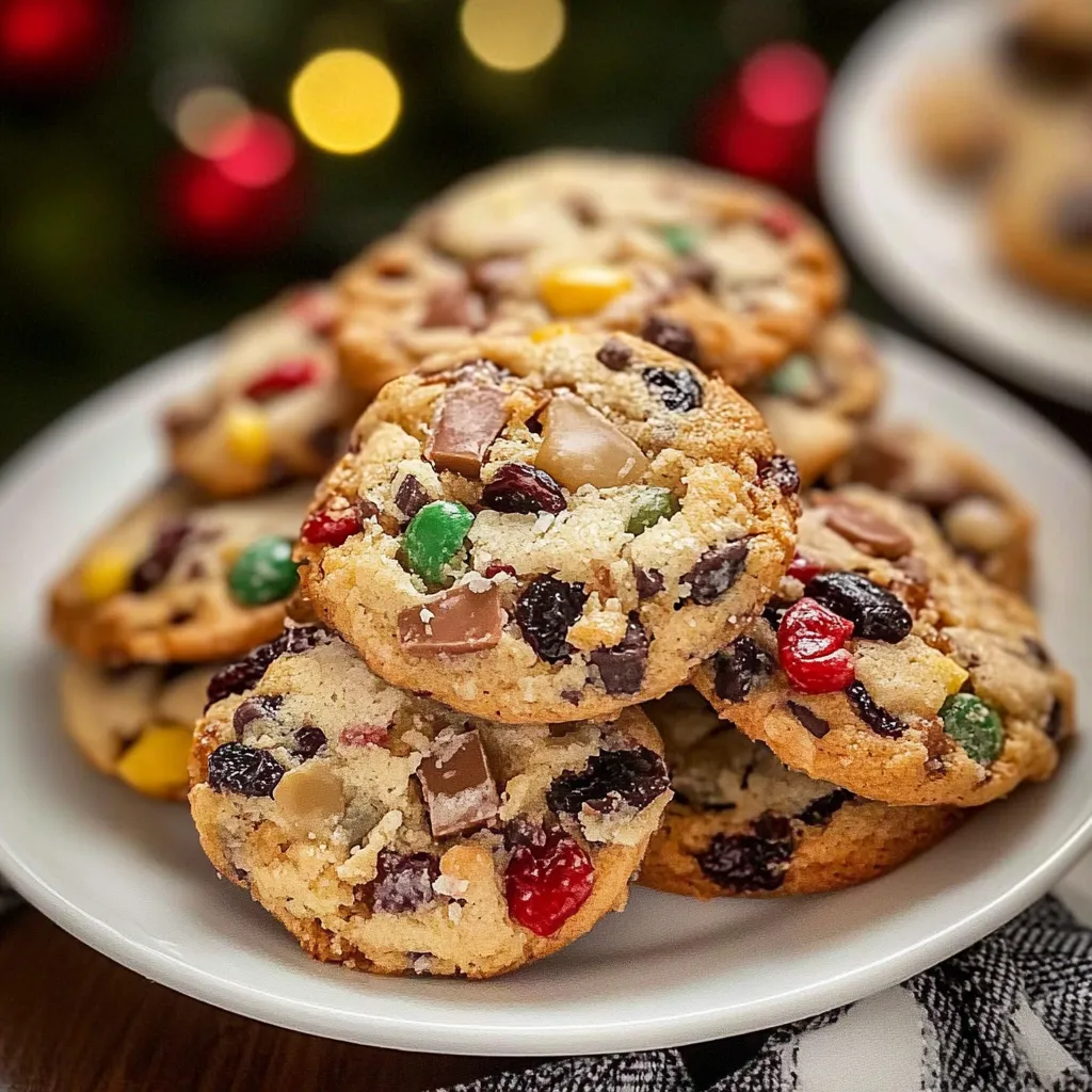 A plate of cookies with chocolate chips and candy.