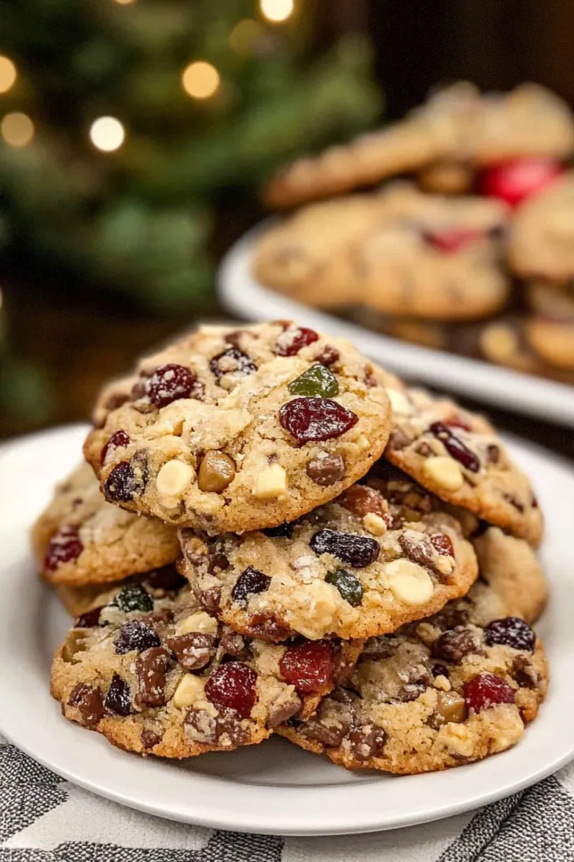 A stack of cookies with red and green toppings.