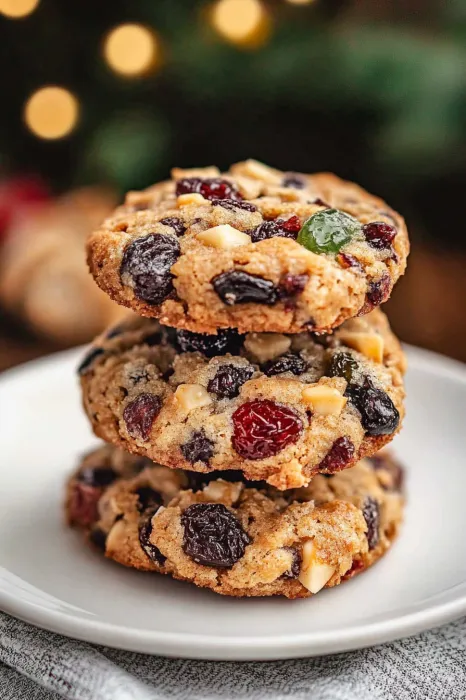 A stack of cookies with fruit and nuts.