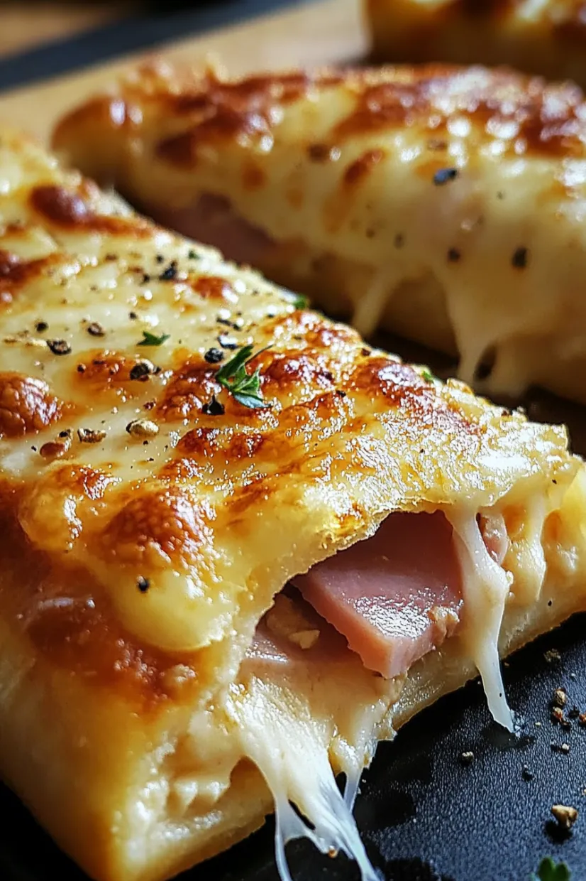 A slice of pizza with ham and cheese.