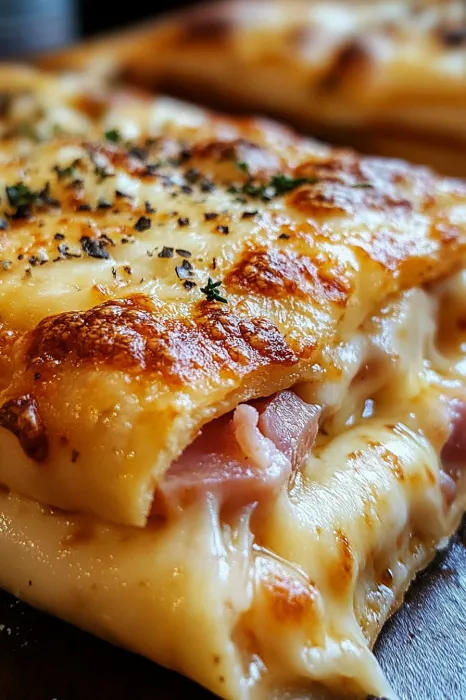 A slice of pizza with cheese and ham.