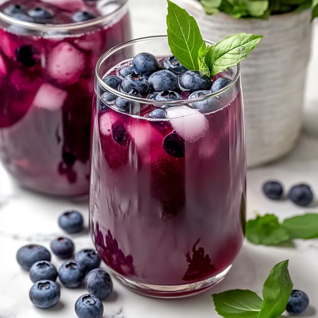 A glass of blueberry juice with a blueberry on top.