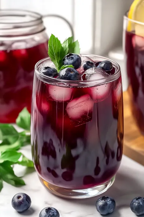 A glass of red wine with blueberries in it.