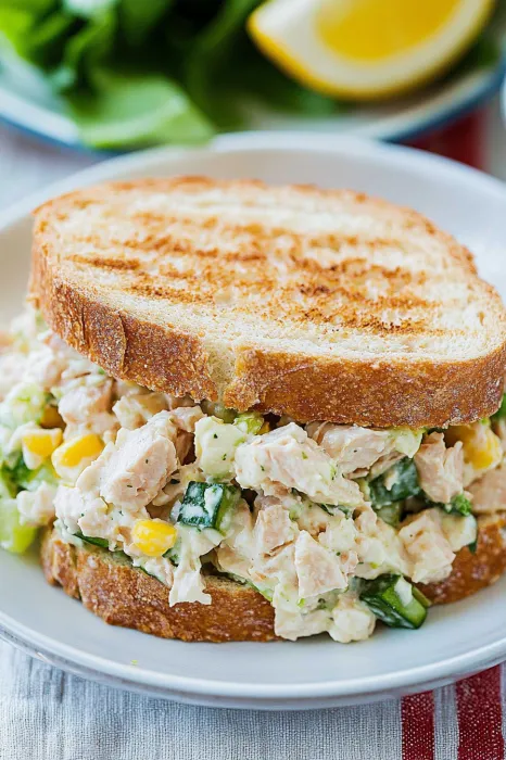 A sandwich with chicken and vegetables on a white plate.