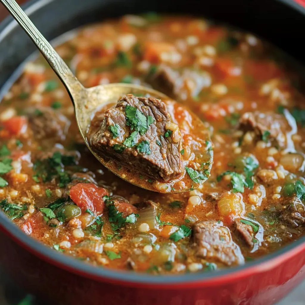 A spoon is in a bowl of soup.