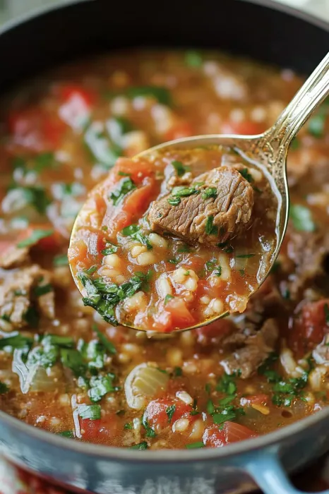 A spoon is in a bowl of soup.