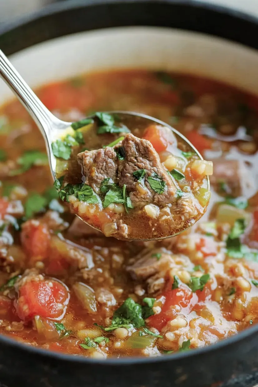 A spoon is in a bowl of soup.