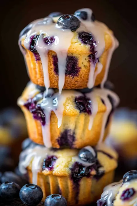 Blueberry muffins with white icing.