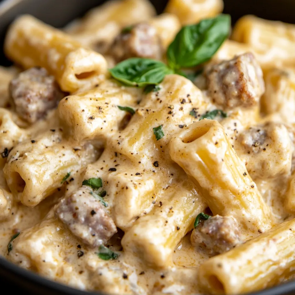 A bowl of pasta with meat and vegetables.