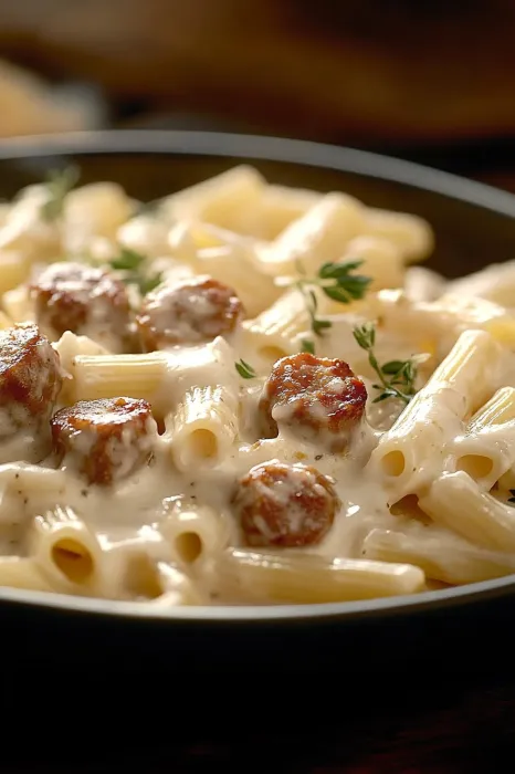 A bowl of pasta with meatballs and cheese.