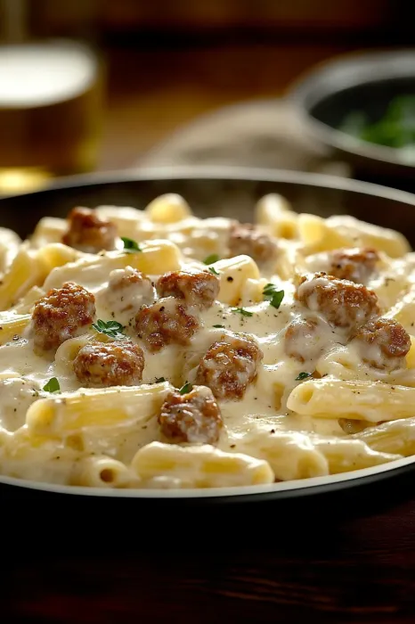 A plate of pasta with meatballs.