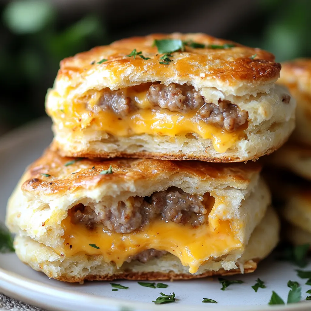 A stack of three biscuits with meat and cheese.