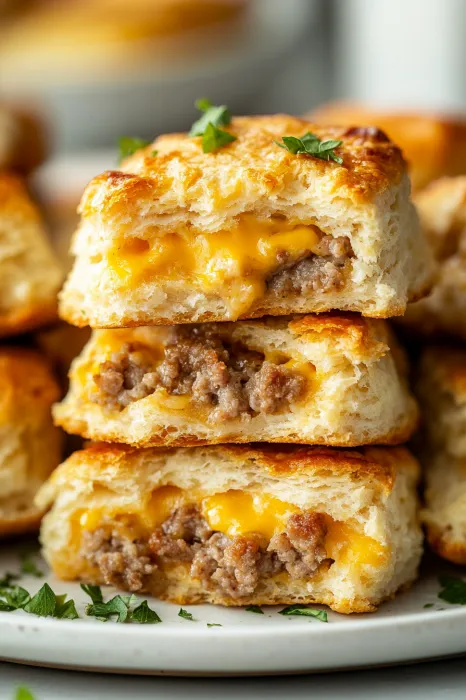 A stack of three biscuits with meat in the middle.