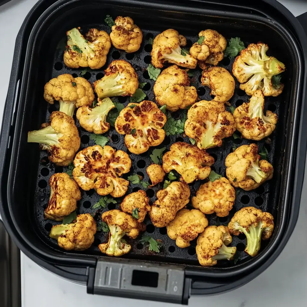 A close-up view of golden-brown roasted cauliflower florets seasoned with spices, resting in a black air fryer basket, garnished with fresh cilantro.