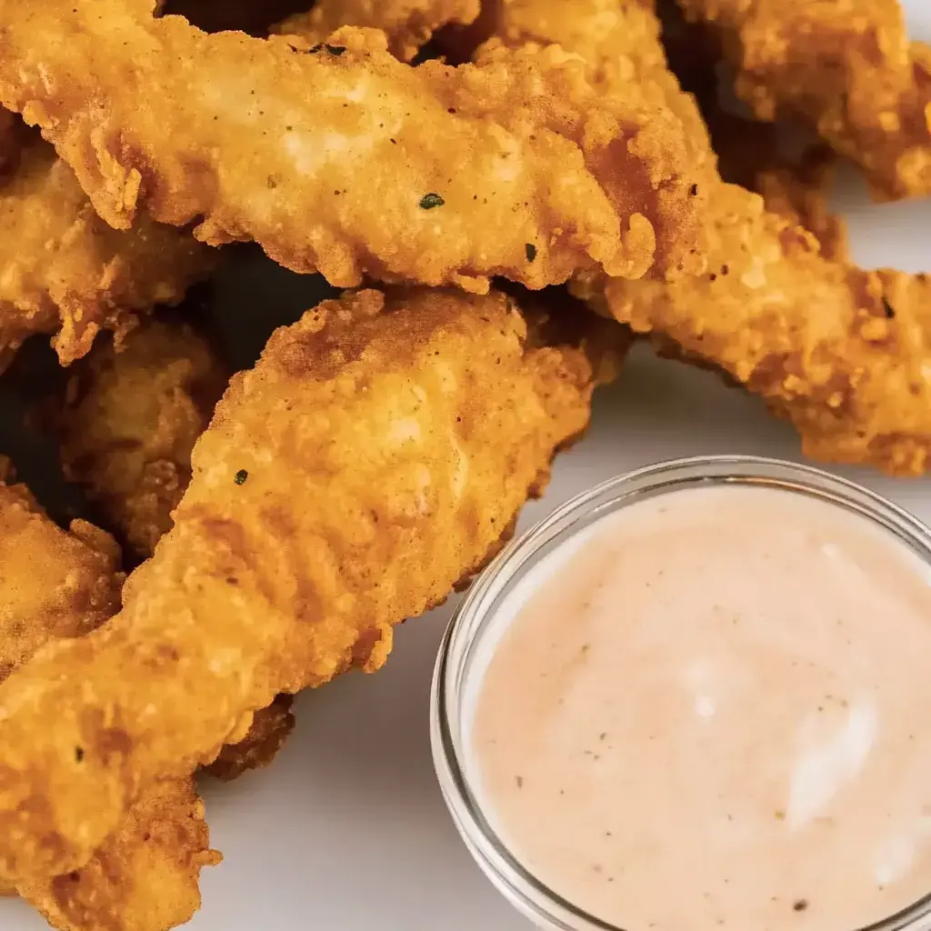 A close-up of crispy golden-brown fried chicken tenders served with a small bowl of dipping sauce.